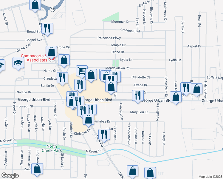 map of restaurants, bars, coffee shops, grocery stores, and more near 38 Patrick Lane in Depew