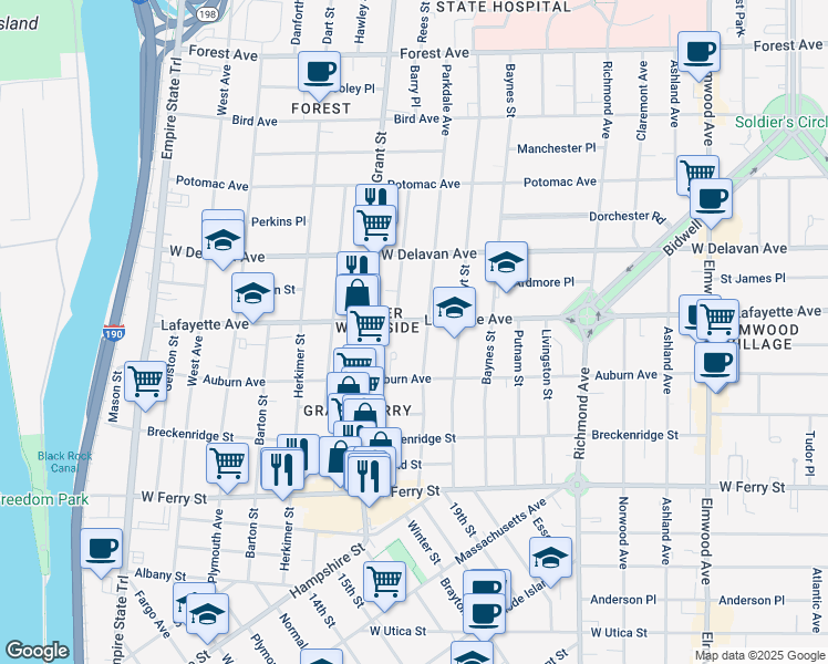 map of restaurants, bars, coffee shops, grocery stores, and more near 257 Lafayette Avenue in Buffalo