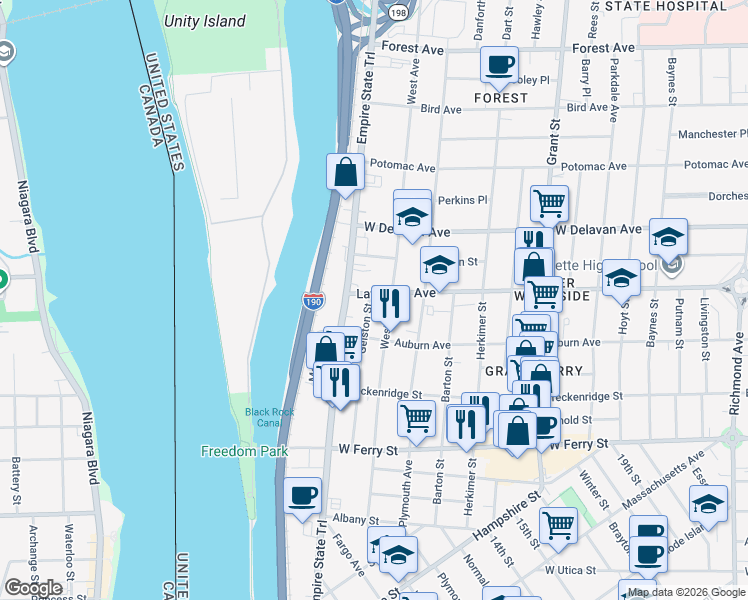 map of restaurants, bars, coffee shops, grocery stores, and more near 25 Lafayette Avenue in Buffalo
