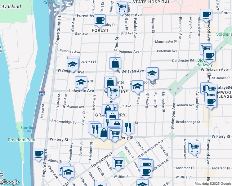 map of restaurants, bars, coffee shops, grocery stores, and more near 231 Lafayette Avenue in Buffalo
