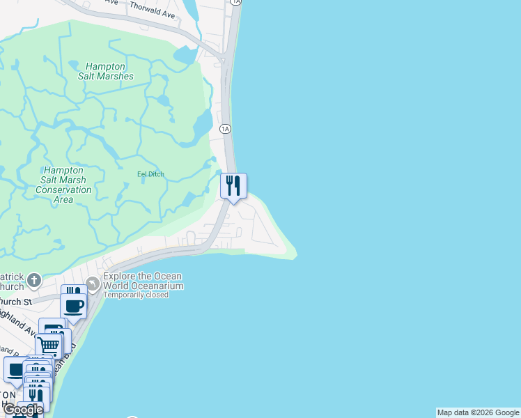 map of restaurants, bars, coffee shops, grocery stores, and more near 22 Dumas Avenue in Hampton