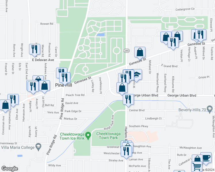 map of restaurants, bars, coffee shops, grocery stores, and more near 24 Kaufman Drive in Cheektowaga