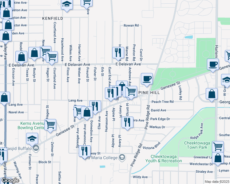 map of restaurants, bars, coffee shops, grocery stores, and more near 27 Barbara Place in Buffalo