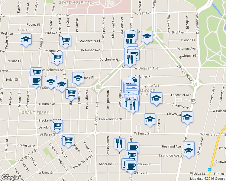 map of restaurants, bars, coffee shops, grocery stores, and more near 536 Ashland Avenue in Buffalo