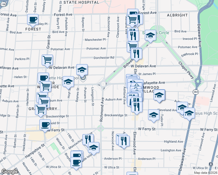 map of restaurants, bars, coffee shops, grocery stores, and more near 536 Norwood Avenue in Buffalo