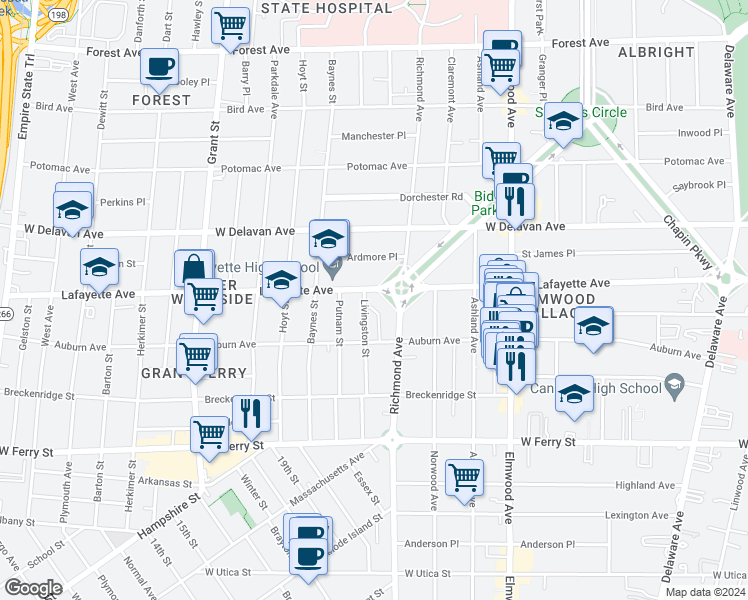 map of restaurants, bars, coffee shops, grocery stores, and more near 144 Livingston Street in Buffalo