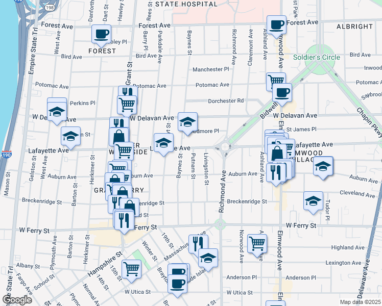 map of restaurants, bars, coffee shops, grocery stores, and more near 145 Baynes Street in Buffalo