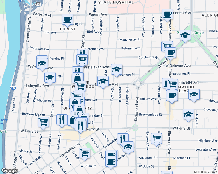 map of restaurants, bars, coffee shops, grocery stores, and more near 144 Hoyt Street in Buffalo