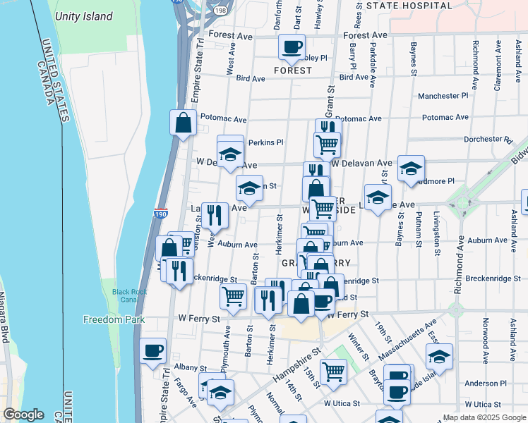 map of restaurants, bars, coffee shops, grocery stores, and more near 245 Barton Street in Buffalo