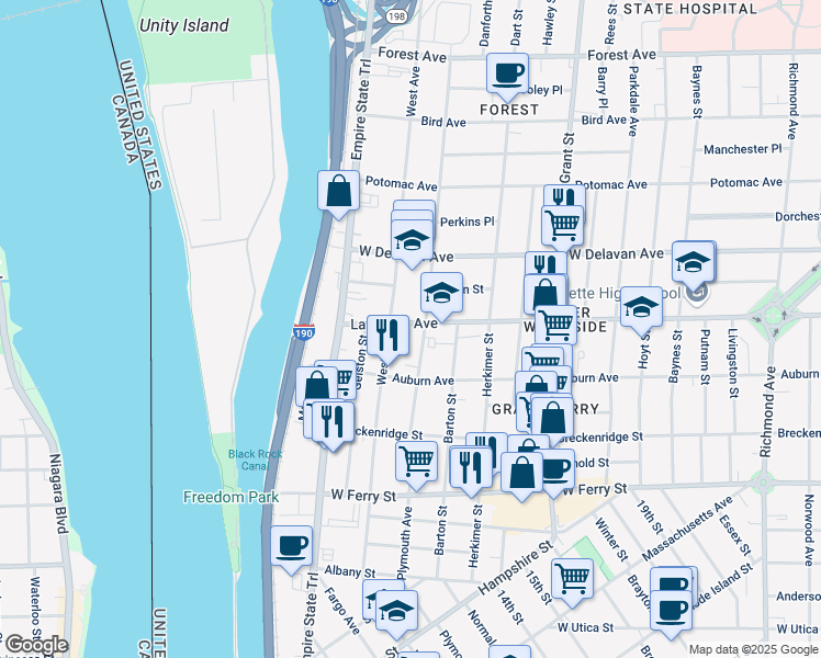 map of restaurants, bars, coffee shops, grocery stores, and more near 96 Dewitt Street in Buffalo