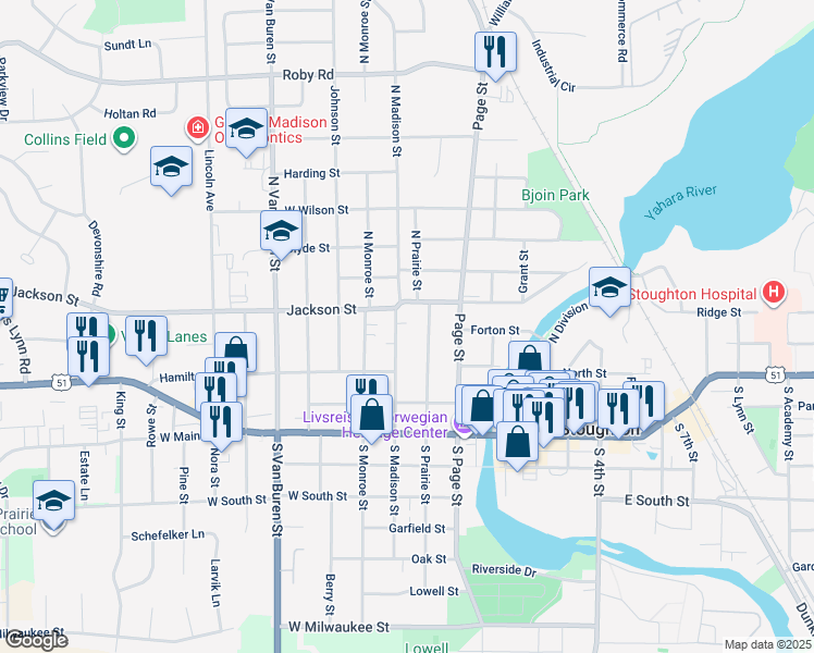 map of restaurants, bars, coffee shops, grocery stores, and more near 134 North Madison Street in Stoughton