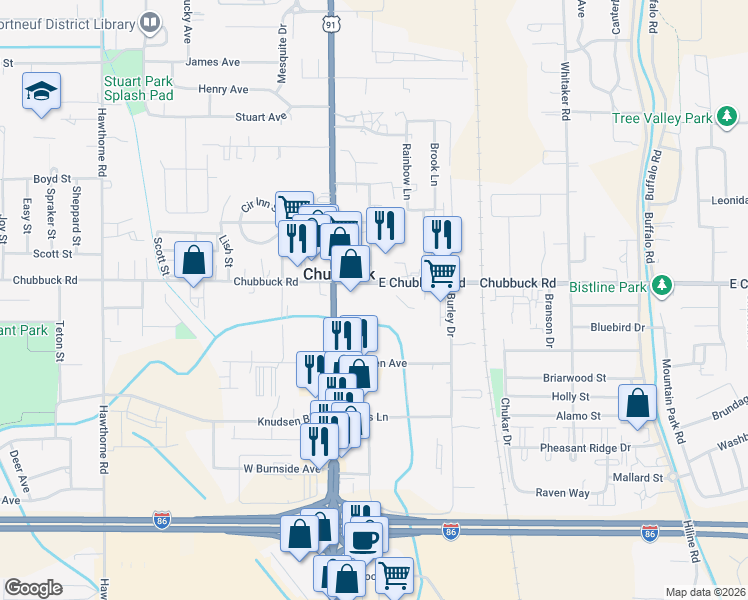 map of restaurants, bars, coffee shops, grocery stores, and more near 141 East Chubbuck Road in Pocatello