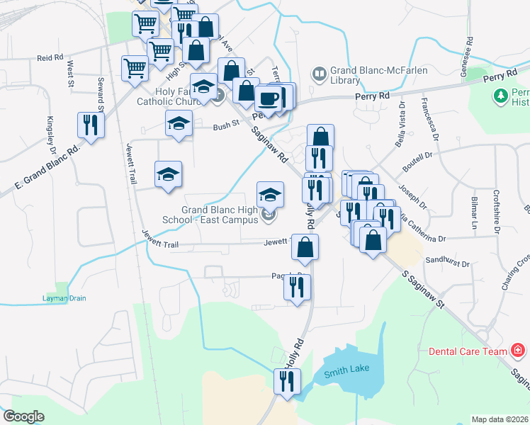 map of restaurants, bars, coffee shops, grocery stores, and more near 12500 Holly Road in Grand Blanc