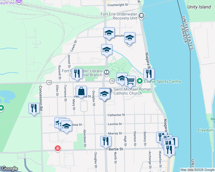 map of restaurants, bars, coffee shops, grocery stores, and more near 131 Idylewylde Street in Fort Erie