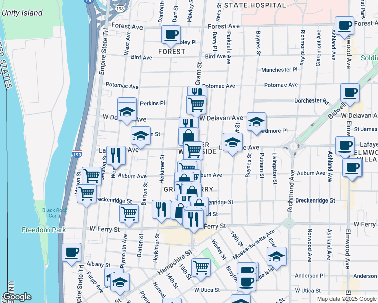 map of restaurants, bars, coffee shops, grocery stores, and more near 200 Grant Street in Buffalo