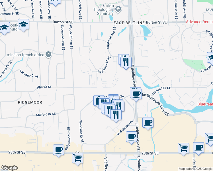 map of restaurants, bars, coffee shops, grocery stores, and more near 2351 Valleywood Drive Southeast in Grand Rapids