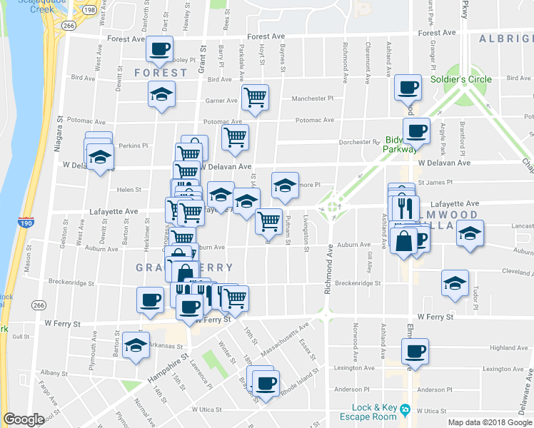 map of restaurants, bars, coffee shops, grocery stores, and more near 345 Lafayette Avenue in Buffalo