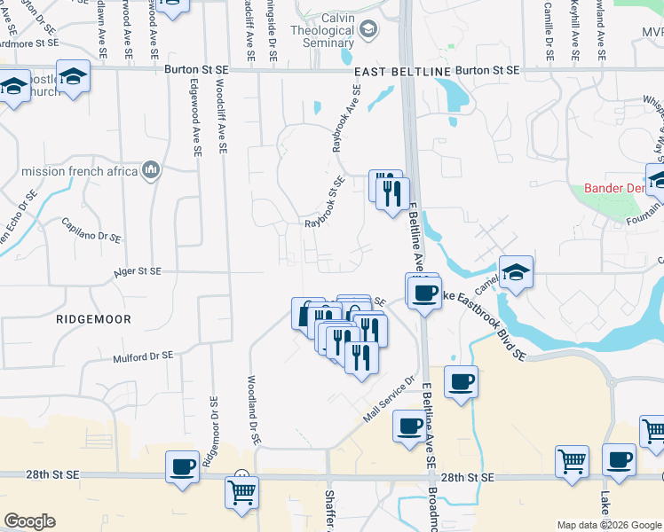 map of restaurants, bars, coffee shops, grocery stores, and more near 3215 Woodland Drive Southeast in Grand Rapids