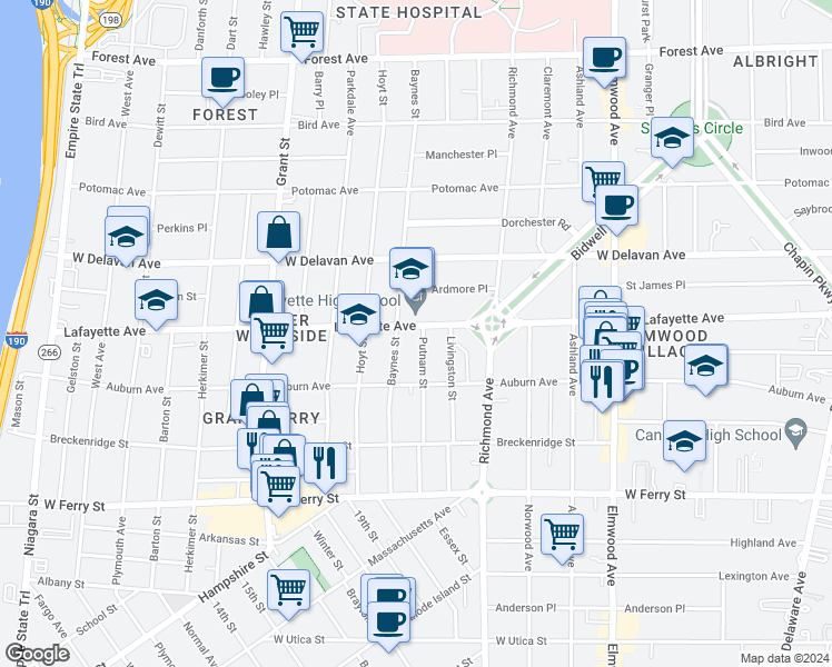 map of restaurants, bars, coffee shops, grocery stores, and more near 371 Lafayette Avenue in Buffalo