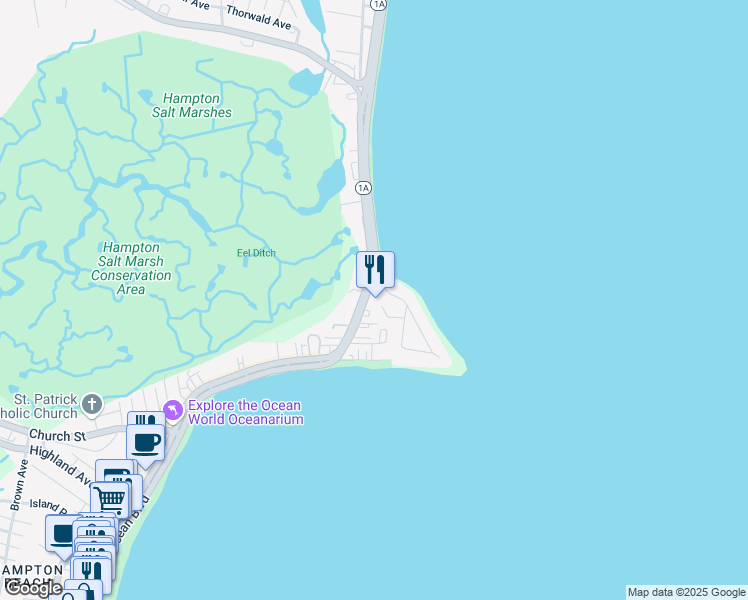 map of restaurants, bars, coffee shops, grocery stores, and more near 8 Sunsurf Avenue in Hampton