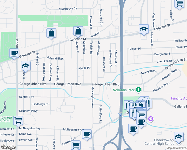 map of restaurants, bars, coffee shops, grocery stores, and more near 19 Toelsin Road in Buffalo
