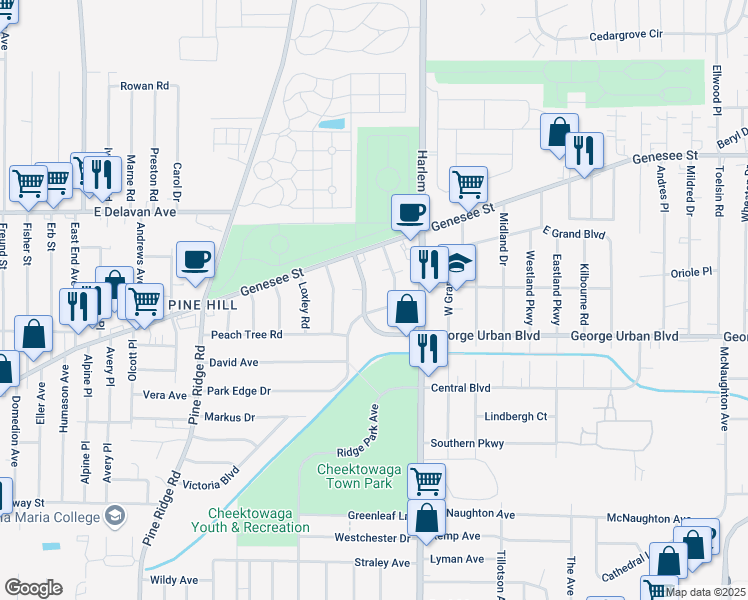 map of restaurants, bars, coffee shops, grocery stores, and more near 39 Kaufman Drive in Cheektowaga