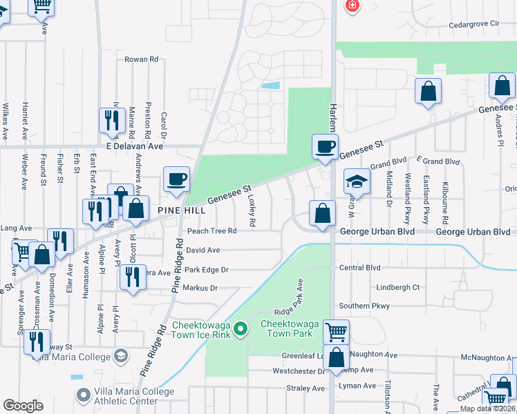map of restaurants, bars, coffee shops, grocery stores, and more near 15 Loxley Road in Buffalo