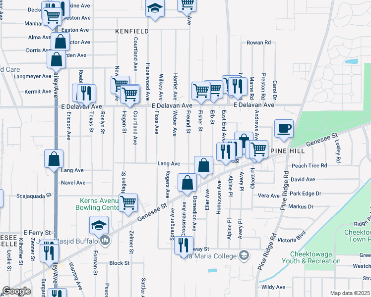 map of restaurants, bars, coffee shops, grocery stores, and more near 82 Freund Street in Buffalo