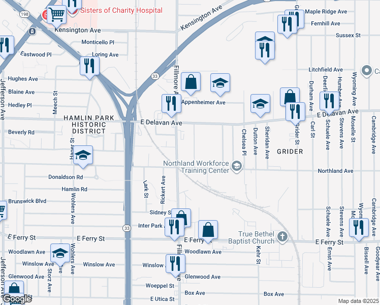 map of restaurants, bars, coffee shops, grocery stores, and more near 572 Northland Avenue in Buffalo