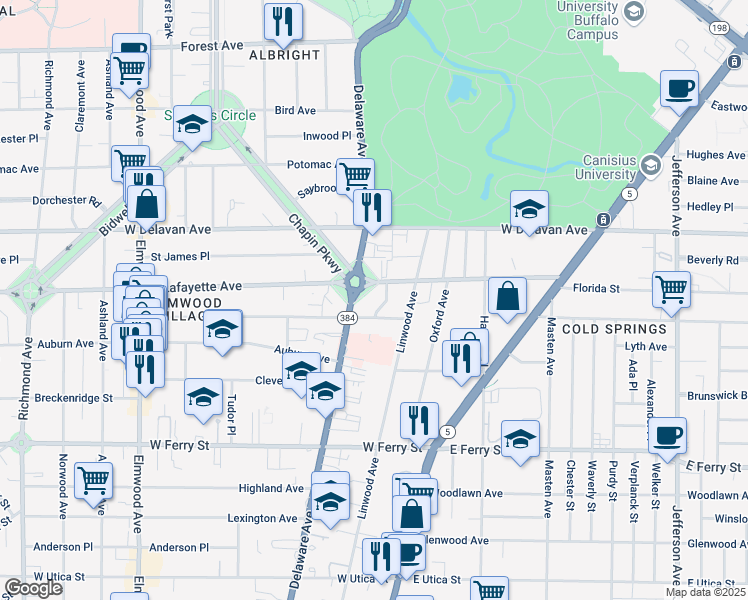 map of restaurants, bars, coffee shops, grocery stores, and more near 3 Gates Circle in Buffalo
