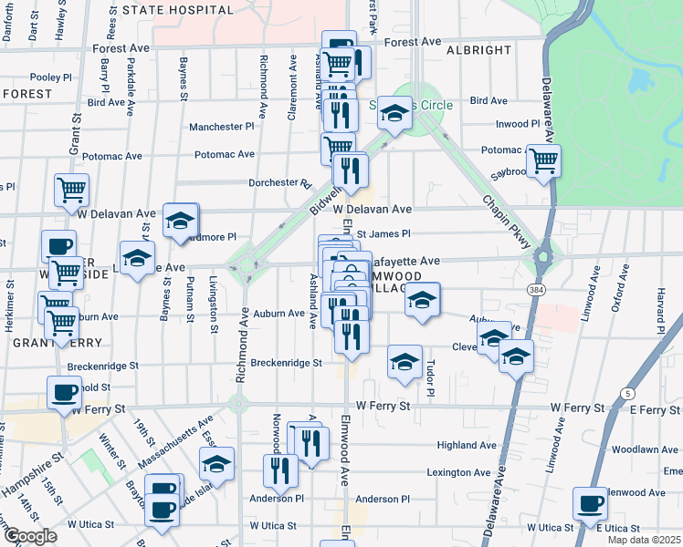 map of restaurants, bars, coffee shops, grocery stores, and more near 818 Elmwood Avenue in Buffalo