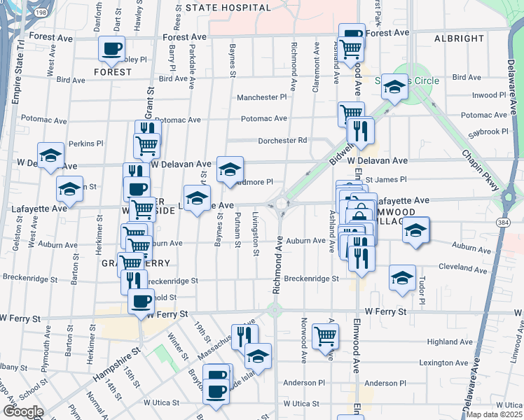 map of restaurants, bars, coffee shops, grocery stores, and more near 144 Livingston Street in Buffalo