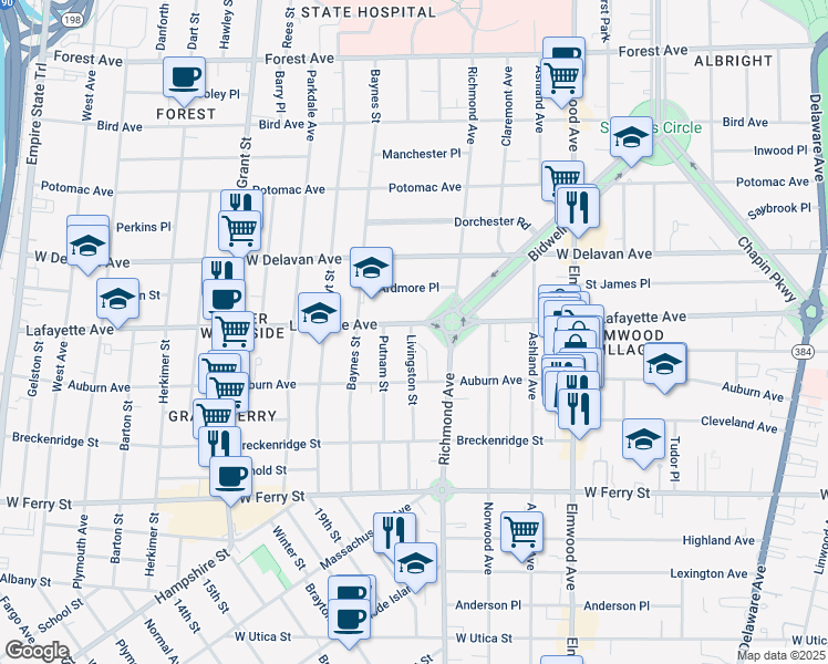 map of restaurants, bars, coffee shops, grocery stores, and more near 144 Livingston Street in Buffalo