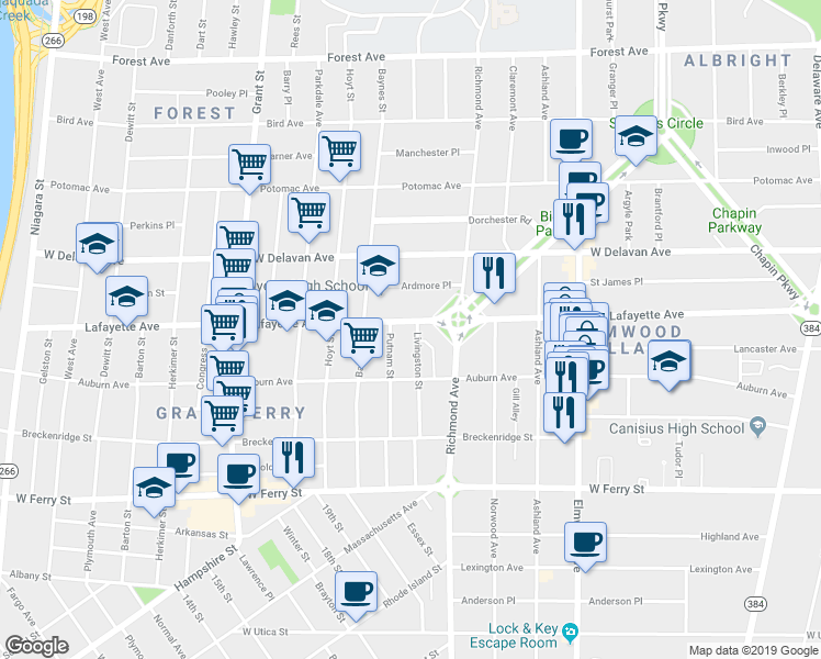 map of restaurants, bars, coffee shops, grocery stores, and more near 144 Livingston Street in Buffalo