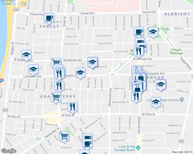 map of restaurants, bars, coffee shops, grocery stores, and more near 144 Livingston Street in Buffalo