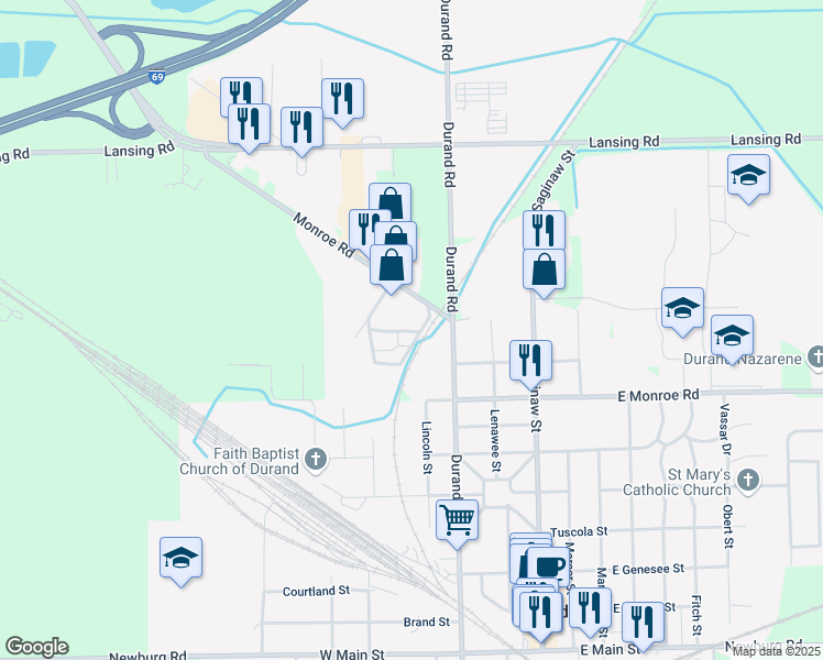 map of restaurants, bars, coffee shops, grocery stores, and more near 8940 Monroe Road in Durand