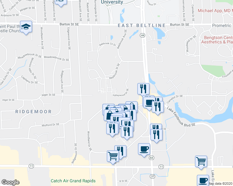 map of restaurants, bars, coffee shops, grocery stores, and more near 3215 Woodland Drive Southeast in Grand Rapids