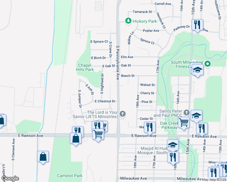 map of restaurants, bars, coffee shops, grocery stores, and more near 6860 South Crane Drive in Oak Creek