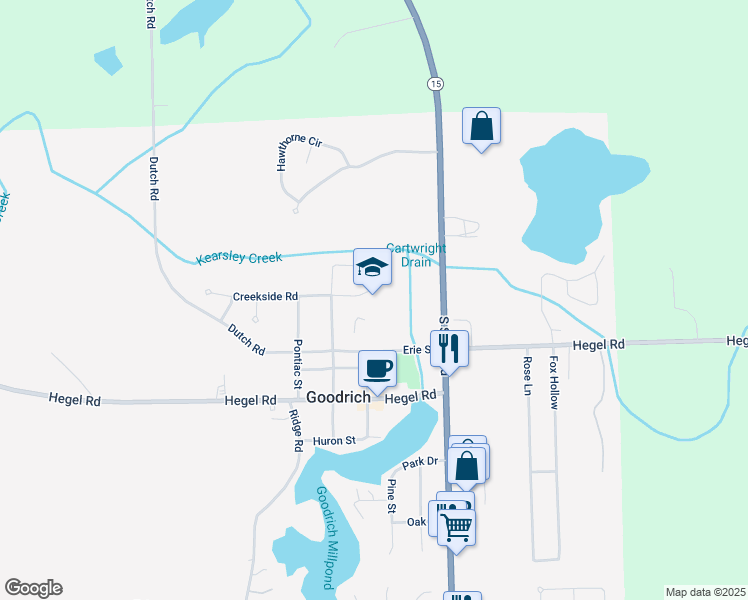 map of restaurants, bars, coffee shops, grocery stores, and more near 7501 Seneca Street in Goodrich