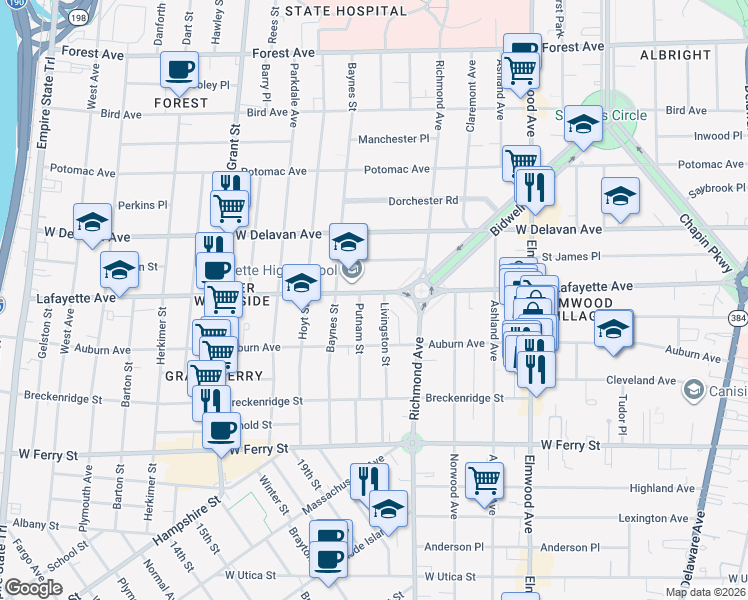 map of restaurants, bars, coffee shops, grocery stores, and more near 395 Lafayette Avenue in Buffalo