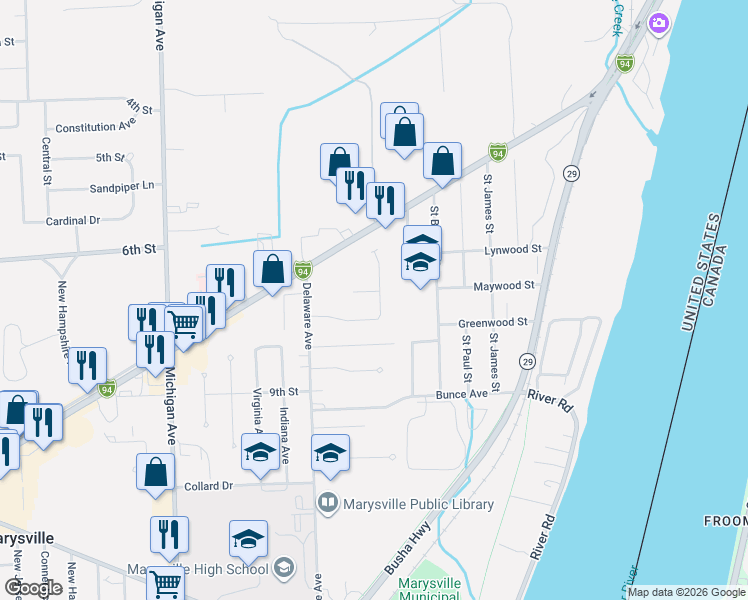 map of restaurants, bars, coffee shops, grocery stores, and more near 680 Applegate Drive in Marysville