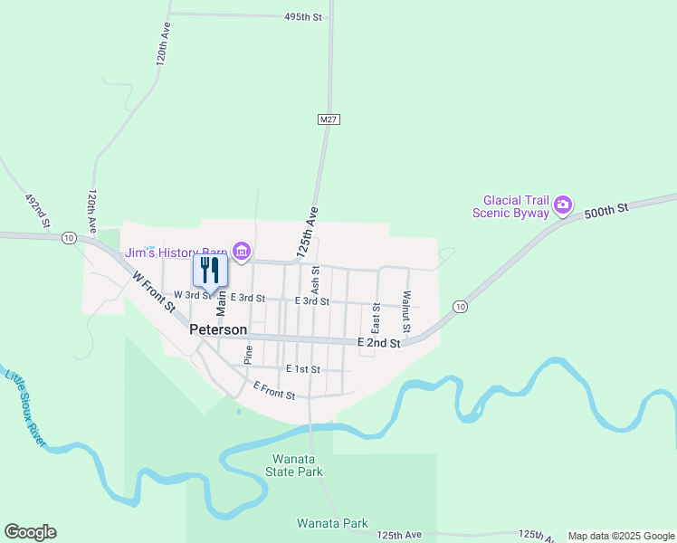 map of restaurants, bars, coffee shops, grocery stores, and more near 308 Ash Street in Peterson