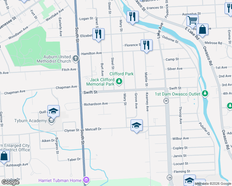 map of restaurants, bars, coffee shops, grocery stores, and more near 46 Swift Street in Auburn