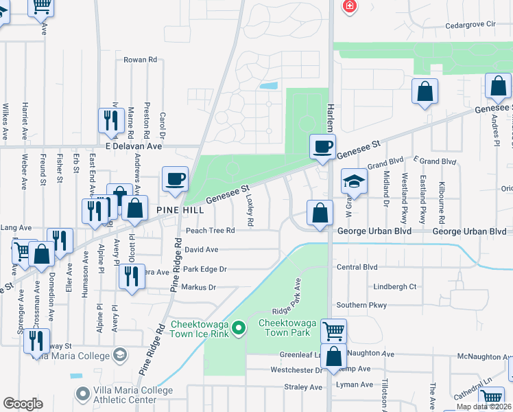 map of restaurants, bars, coffee shops, grocery stores, and more near 15 Loxley Road in Buffalo