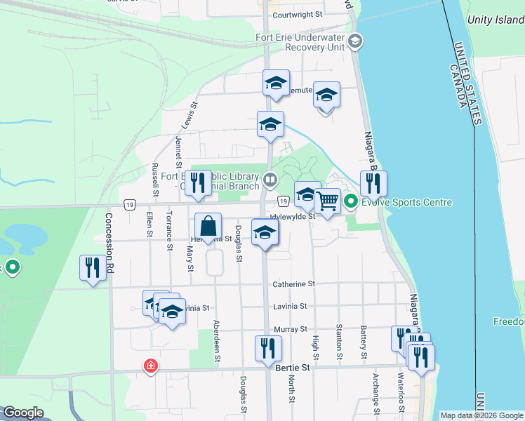 map of restaurants, bars, coffee shops, grocery stores, and more near 393 Central Avenue in Fort Erie