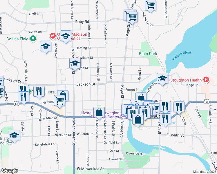 map of restaurants, bars, coffee shops, grocery stores, and more near 134 North Madison Street in Stoughton