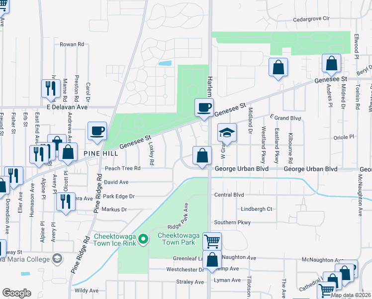 map of restaurants, bars, coffee shops, grocery stores, and more near 39 Kaufman Drive in Cheektowaga