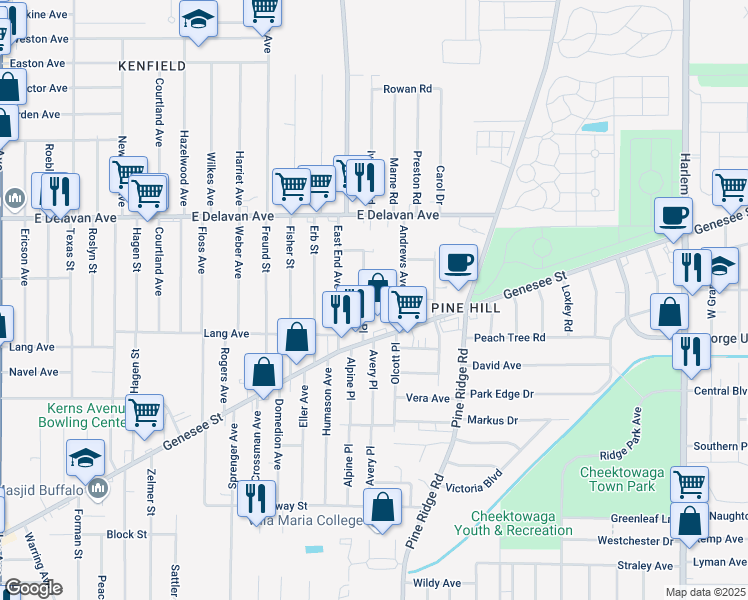 map of restaurants, bars, coffee shops, grocery stores, and more near 27 Barbara Place in Buffalo