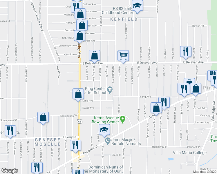 map of restaurants, bars, coffee shops, grocery stores, and more near 182 Roslyn Street in Buffalo