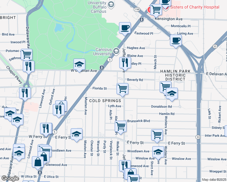 map of restaurants, bars, coffee shops, grocery stores, and more near 134 Northland Avenue in Buffalo